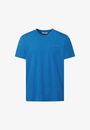 Blaues T-Shirt mit kurzen Ärmeln und Rundhalsausschnitt, dezent texturiert, mit kleinem "Vaude"-Logo auf der linken Brust und am linken Ärmel.