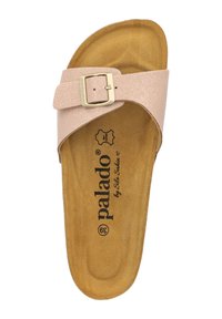 Roze sandaal met een enkele glinsterende band en gouden gespsluiting. Heeft een bruine, gevoerde voetbed met een reliëf logo van het merk. Plat zoolontwerp.