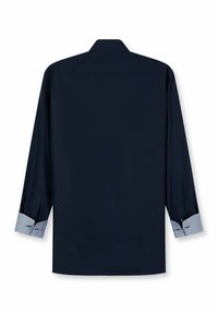 Dunkelblaues Langarmhemd mit einem klaren Kragen, versehen mit gemusterten hellblauen Manschetten und einer glatten Textur. Rückansicht, keine vorderen Details sichtbar.