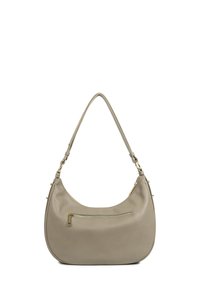 Sac à bandoulière en cuir beige avec une forme courbée, doté d'une poche zippée à l'avant et d'une fine bandoulière avec des accessoires en tonalité dorée.