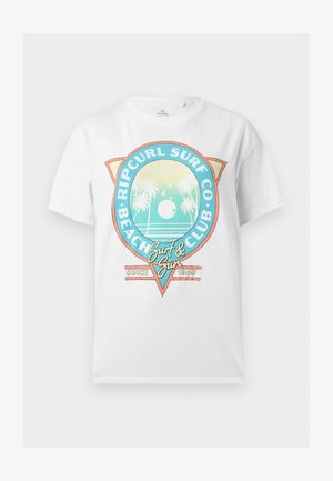 Valge lühikeste varrukatega T-särk, millel on värviline "Ripcurl Surf Co Beach Club" logo, mis kujutab palme, päikest, linde ja teksti "Surf & Sun Since 1969".