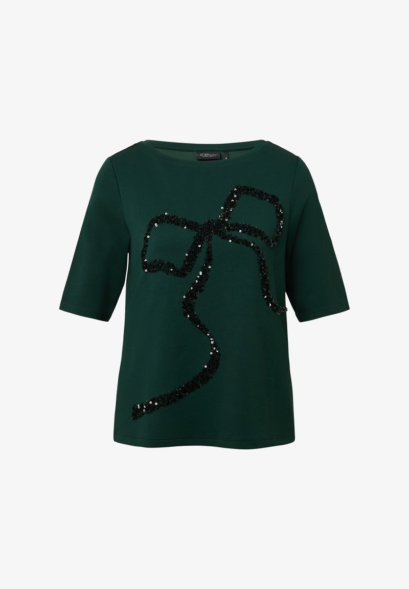 Roheline lühikese varrukaga topp, mille ees on mustast sädelusest kaunistatud lipsu disain. Valmistatud pehmest kangast, on sellel ümmargune kaelus ja mugav lõige.