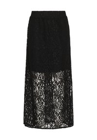 Gonna nera in pizzo con cintura elastica. Presenta un design a strati che mostra motivi floreali e una sezione inferiore semitrasparente.