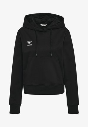 Felpa nera con cappuccio regolabile, tasca a marsupio, polsini e orlo a costine. Presenta un piccolo logo bianco "hummel" sul petto.