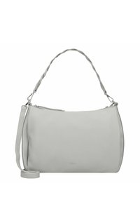 Gray leather handbag with a curved shape. Features a twisted handle and an adjustable strap. Includes a zip closure and subtle branding.