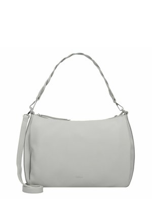 Gray leather handbag with a curved shape. Features a twisted handle and an adjustable strap. Includes a zip closure and subtle branding.
