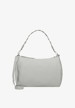 Graue Lederhandtasche mit geschwungener Form. Verfügt über einen gedrehten Griff und einen verstellbaren Riemen. Enthält einen Reißverschluss und dezente Markenkennzeichnung.