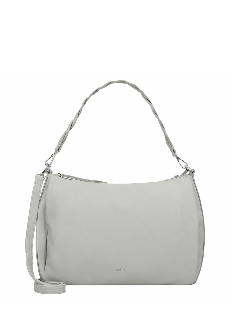 Gray leather handbag with a curved shape. Features a twisted handle and an adjustable strap. Includes a zip closure and subtle branding.