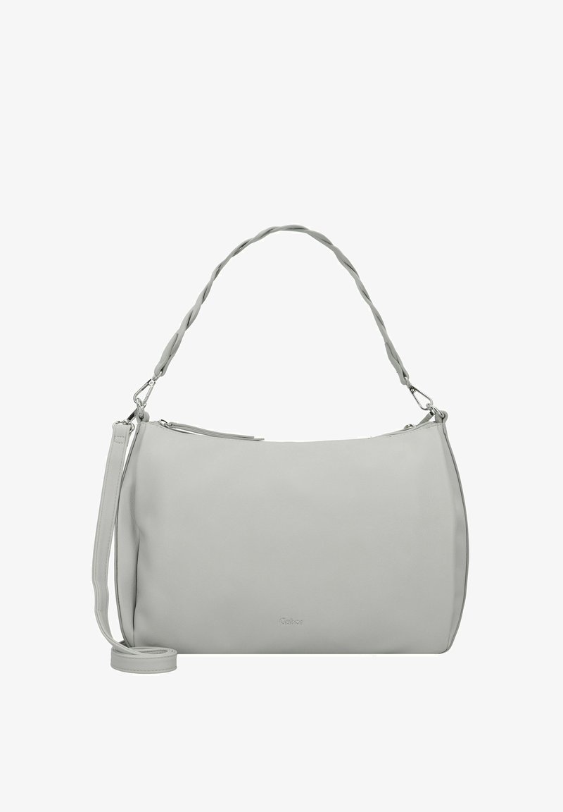 Borsa in pelle grigia con forma curvata. Presenta un manico intrecciato e una tracolla regolabile. Include una chiusura con zip e un branding discreto.