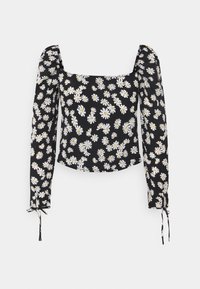 Svart långärmad blus med vitt prästkragetyg, fyrkantig halsringning, puffiga axlar och knytningar vid ärmsluten mot en vit bakgrund.