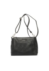 Borsa a tracolla in pelle nera texture con spallacci regolabili e un accento logo dorato. Forma rettangolare compatta, design minimalista.