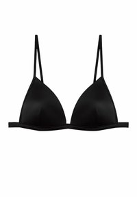 Sutien triangular negru cu bretele subțiri ajustabile, textură de țesătură moale, design fără cusături și curea de sub braț îngustă. Fără umplutură sau arcuri vizibile.