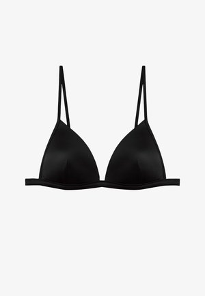 Sutien triangular negru cu bretele subțiri ajustabile, textură de țesătură moale, design fără cusături și curea de sub braț îngustă. Fără umplutură sau arcuri vizibile.