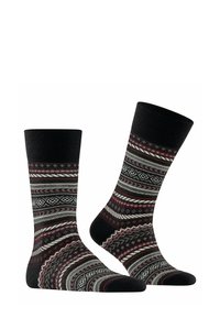 Calcetines negros con patrones que presentan diseños geométricos en tonos de rojo, gris y blanco, con puños acanalados y una textura suave.