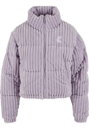 Purple cropped jacket made of ribbed velour fabric, featuring a high collar and front zip closure, with an embroidered logo on the chest.