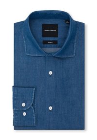 Niebieska slim-fit koszula z długim rękawem, z białymi guzikami, starannie złożona, ukazująca kołnierzyk i mankiet, oznaczona etykietą "Pako Lorente" rozmiar M 39/40.