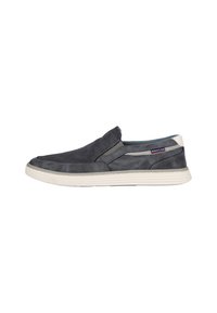 Schlüpfschuh aus dunkelgrauem Stoff mit strukturiertem Obermaterial, weißer Gummisohle und blauen Akzenten. Verfügt über elastische Seitenteile für ein einfaches Anziehen.