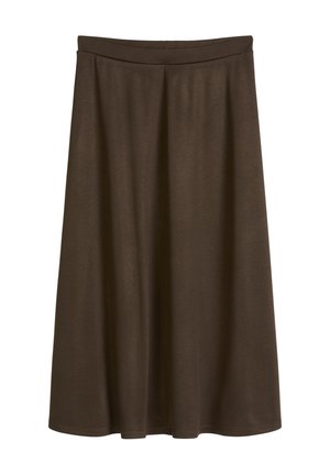 Brązowa spódnica midi w kształcie litery A z wysokim stanem i gładką fakturą, prezentowana na białym tle.