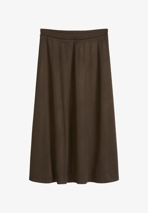 Brązowa spódnica midi w kształcie litery A z wysokim stanem i gładką fakturą, prezentowana na białym tle.
