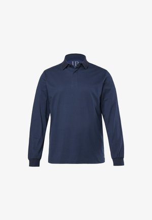 Marineblauwe polo met lange mouwen en een textuurdesign, omgeslagen kraag en een twee-knopen sluiting. Geribbelde manchetten met een discreet logo aan de binnenkant van de kraag.