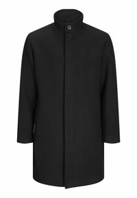 Abrigo de lana negro con cuello alto, cierre de botones, diseño recto y mangas largas. Textura suave y estilo minimalista.