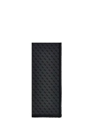 Sciarpa rettangolare nera con motivo logo scuro ripetuto e frange lungo i bordi, piegata longitudinalmente che mostra il design completo.