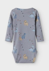 Bodysuit gris à manches longues avec un imprimé de dinosaure en bleu, vert et beige avec des accents marron et une texture douce et lisse.