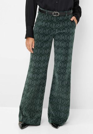 Green patterned wide-leg trousers made of soft fabric, featuring a waistband with a black belt and silver buckle, and side pockets.