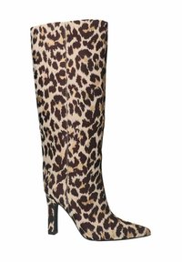 Leopardprint kniehoge laars met een puntige teen, met een gladde textuur en een hak van 3 inch. Gemaakt van zacht stoffen materiaal.