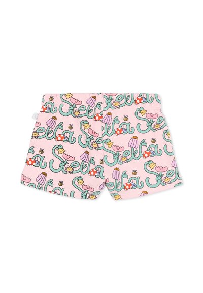 Pantaloncini rosa per bambini con un motivo di viti verdi, fiori sorridenti, api, coccinelle e la parola "Stella" in corsivo.