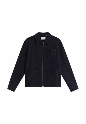 Marineblauwe wollen jas met een kraag, een ritssluiting aan de voorkant, twee voorke pockets en een borstzak, met een gestructureerde afwerking.