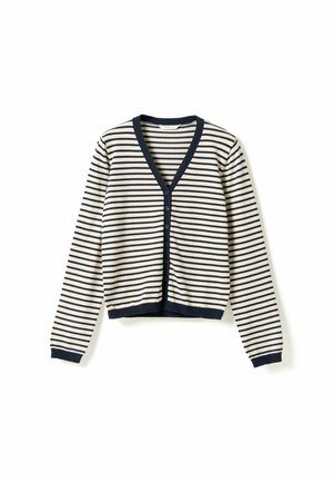 Vesty s výstrihom do V v námorníckej modrej a bielej pásikavej farbe, s dlhými rukávmi, zapínaný na gombíky na prednej strane, s lemovaním v námorníckej modrej na manžetách, spodnom okraji a výstrihu.