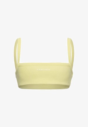 Top de bikini bandeau galben deschis cu textura în dungi, bretele duble subțiri și logo alb "LAMANIA" centrat în față.