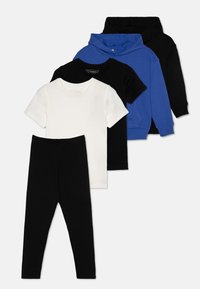 Set di abbigliamento per bambini composto da cinque pezzi: t-shirt a maniche corte in bianco e nero, leggings neri e una felpa blue. Tessuto in cotone morbido, design semplice.