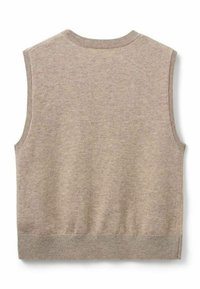Beige strikket ærmeløs sweater med ribbet halsudskæring og kant, der har en glat tekstur og en afslappet pasform i designet med kort længde.
