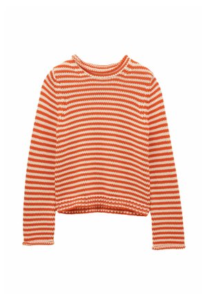 Langärmeliger Strickpullover mit horizontalen orange-weißen Streifen und rundem Halsausschnitt.