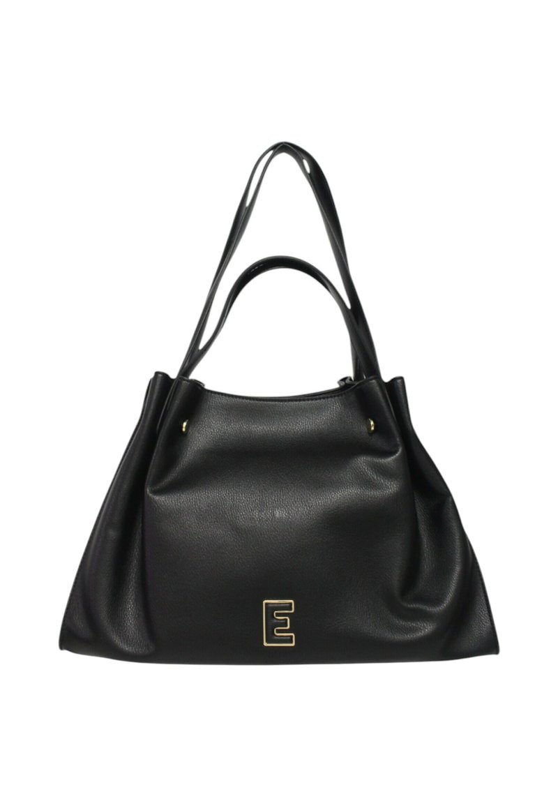 Borsa tote in pelle nera con una superficie testurizzata, dotata di due manici e un accento dorato a forma di lettera "E" sul fronte.