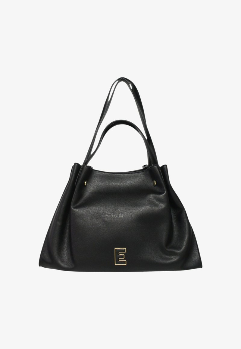 Borsa tote in pelle nera con una superficie testurizzata, dotata di due manici e un accento dorato a forma di lettera "E" sul fronte.
