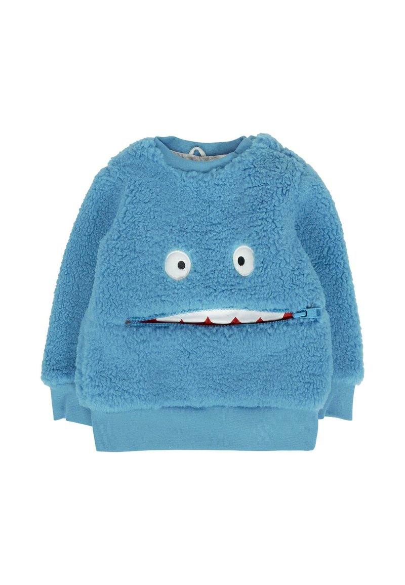 Maglione per bambini blu e peloso con due occhi da cartone animato e una bocca zip con denti bianchi e gengive rosse.