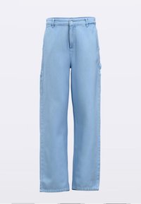 Pantaloni cargo din denim albastru deschis, cu picior drept, având buzunare laterale, închidere cu nasture și un design clasic cu cinci buzunare.