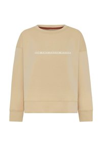 Beige sweatshirt with a crew neck, long sleeves, and a slightly relaxed fit. Features a printed design across the chest in white text.