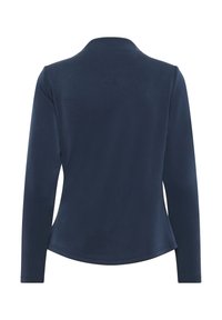 Navy blue long-sleeve top with a round neckline, smooth texture, and a curved hem. Simple design, no patterns or visible hardware.