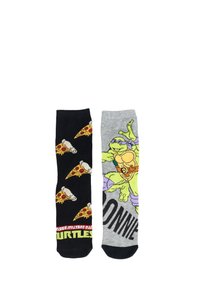 Schwarze Socke mit Pizzastückmuster; graue Socke mit einem Cartoon-Schildkröten-Design und Text. Baumwollmischung, kniehohes Design.