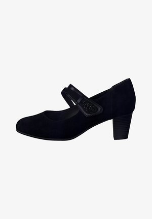 Zapato Mary Jane de ante negro con tacón bajo, que cuenta con una tira plana y detalles decorativos de cortes en los laterales. Textura suave, punta redondeada.