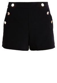 Svarta shorts med en åtsittande midja, framknäppning och fyra metallknappar som accentuerar sidorna. Tillverkade av en slät tyg med skräddarsydd design.