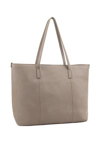 Lichtgrijze leren tote bag met twee lange handvatten, platte vorm, gladde textuur en subtiele naden, geschikt voor dagelijks gebruik.