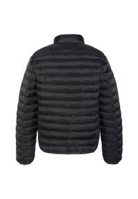 Czarna puchowa kurtka z pikowanym wzorem z poziomymi przeszyciami, wysokim kołnierzem i elastycznymi mankietami. Gładka, lekka tkanina.