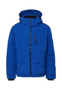 Niebieska kurtka puchowa z kapturem, wyposażona w przedni zamek, kieszeń na piersi i elastyczne mankiety. Wykonana z pikowanego, ocieplanego materiału.