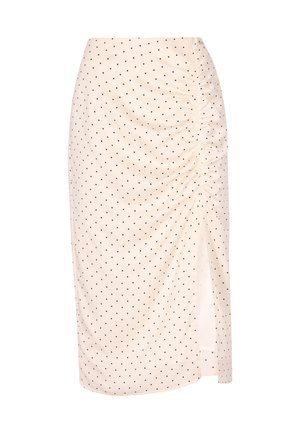 Cremfarbene Midi-Rock mit schwarzen Pünktchen, ausgestattet mit seitlichen Raffung und einem hohen Schlitz. Hergestellt aus glattem Stoff mit weicher Textur.