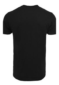 Black cotton t-shirt with a crew neck, short sleeves, and a smooth texture. No visible logos or patterns on the back.
